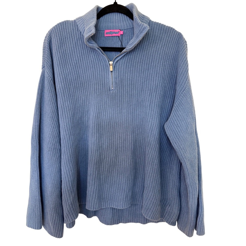 Edikted Womens Blue Shaker Knit Quarter Zip Oversized Cotton Sweater Size Medium